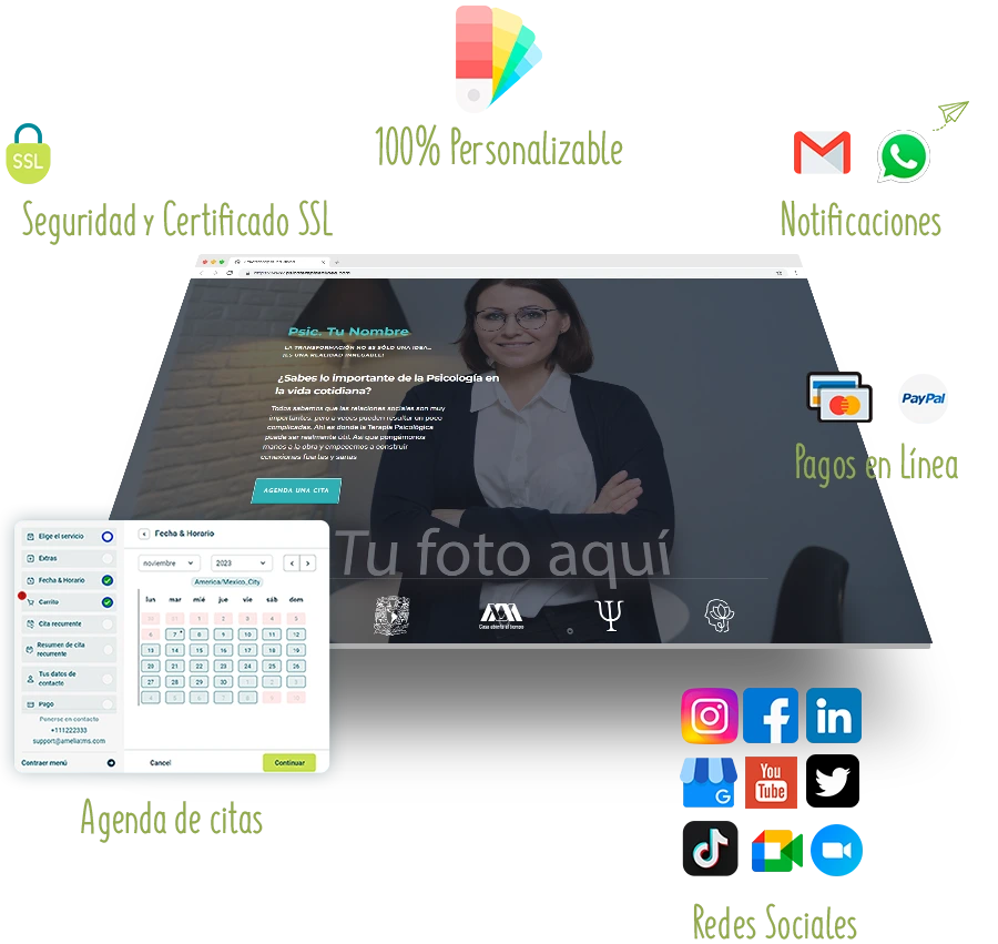Imagen de un sitio web que muestra a una mujer con traje de negocios, ideal para terapeutas o psicólogos.