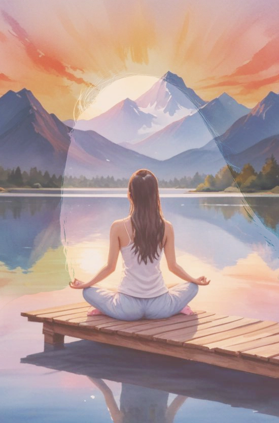 img-ansiedad-2-c Una persona sentada con las piernas cruzadas en un muelle de madera, meditando junto a un lago tranquilo con montañas y un colorido amanecer de fondo, un escenario ideal para encontrar inspiración para el marketing online.