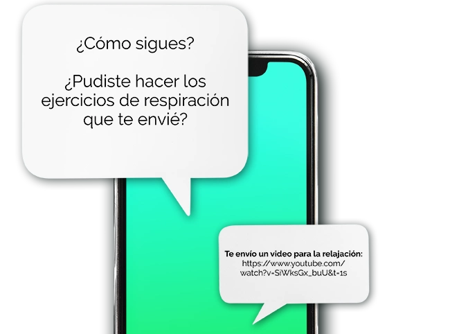 img-ter-Ind-2-f La pantalla de un teléfono celular que muestra mensajes de texto en español muestra un mensaje que pregunta sobre cómo hacer ejercicios de respiración y otro que proporciona un enlace a un video de relajación. Este contenido podría mejorar el SEO de su página de destino al apuntar a palabras clave relevantes relacionadas con la relajación y el bienestar mental.
