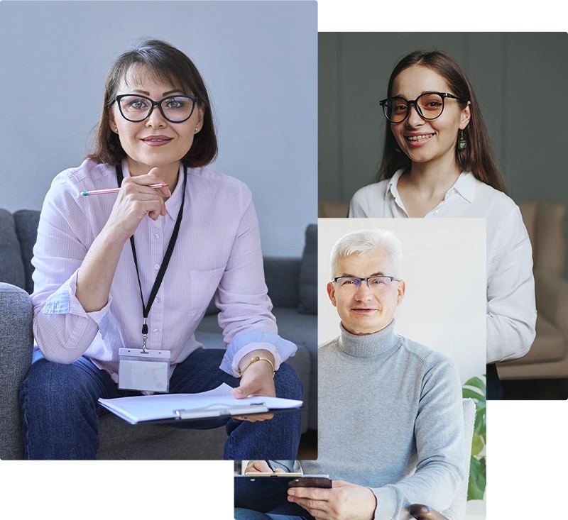 img-ter-ind-3-c copia Se muestran tres personas: una persona con un cordón y un portapapeles, una persona con cabello largo y anteojos, y una persona de cabello blanco con anteojos que usa una tableta, tal vez discutiendo palabras clave de SEO de la página de destino.