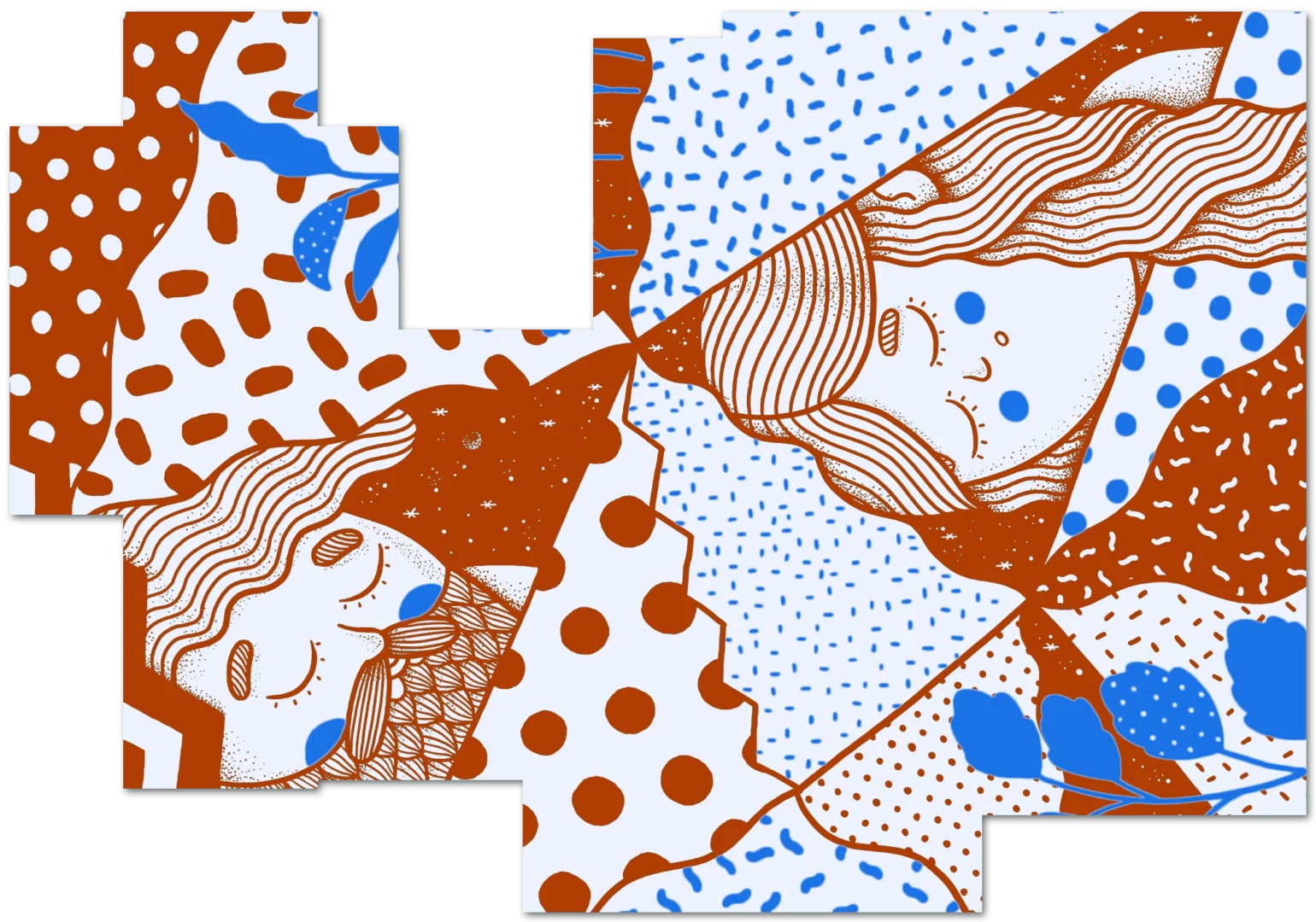 img-ter-pareja-2b-head-2 Ilustración abstracta que presenta dos figuras reclinadas con los ojos cerrados. El fondo, perfecto para una landing page o una campaña de marketing online, está compuesto por varios patrones y formas geométricas en tonos azules, blancos y terracota.