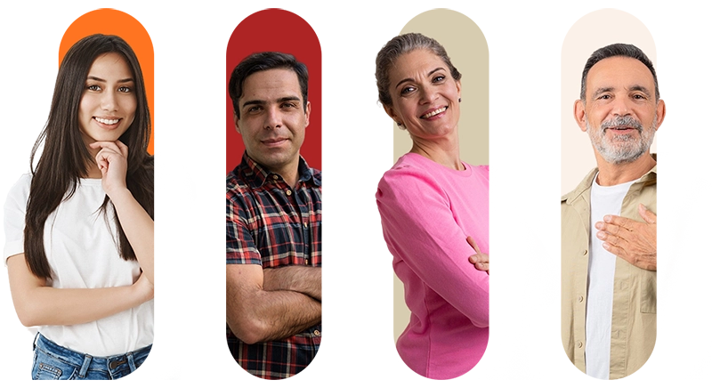img-ter-pareja-3f2 Un collage de fotografías de cuatro personas paradas una al lado de la otra; una mujer con una camisa blanca, un hombre con una camisa a cuadros, una mujer con una camisa rosa y un hombre con una chaqueta beige. Los fondos vibrantes crean el lugar de aterrizaje perfecto para esta colorida exhibición de personalidades.
