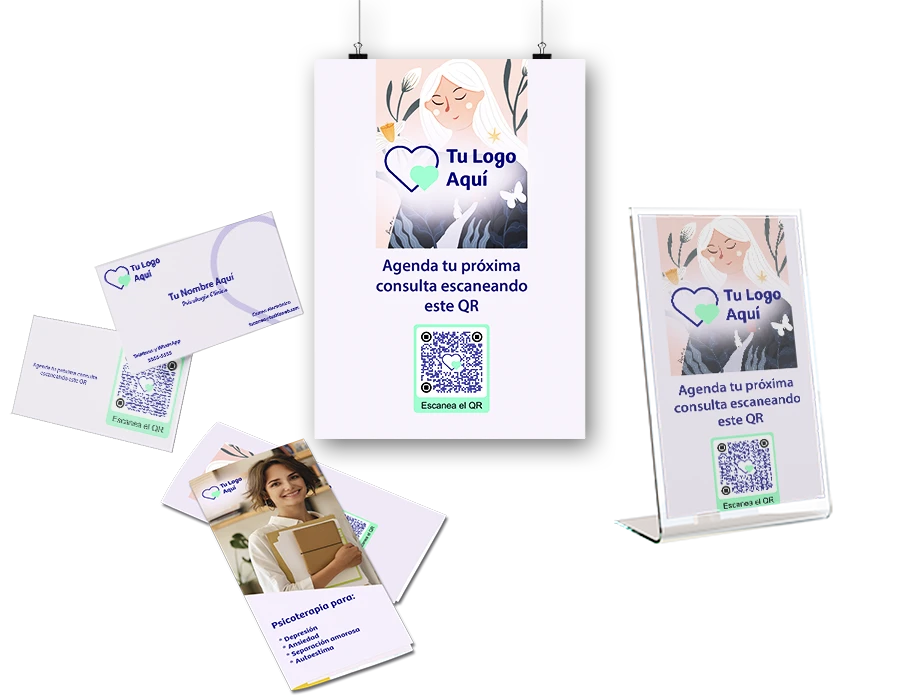 marketing-digital-para-psicologos Un juego de tarjetas de visita que publicita eficazmente a los psicólogos con la foto de una mujer, siguiendo una estrategia de marketing.
