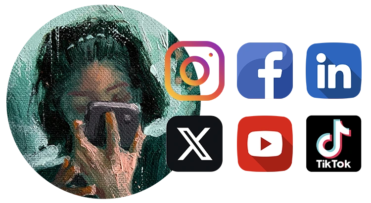Una mujer sosteniendo un teléfono celular con las palabras fb e instagram.