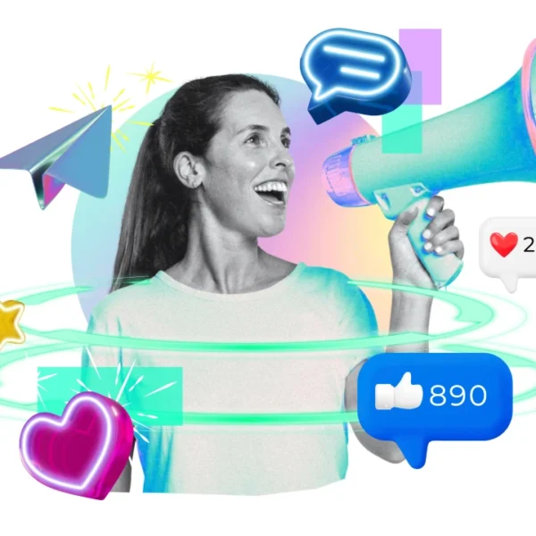 Una mujer que sostiene un megáfono está rodeada de íconos digitales que simbolizan la participación en las redes sociales: la clave para conectar con tu audiencia.