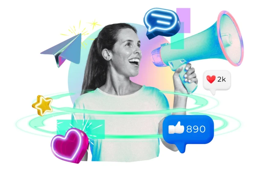 Una mujer que sostiene un megáfono está rodeada de íconos digitales que simbolizan la participación en las redes sociales: la clave para conectar con tu audiencia.