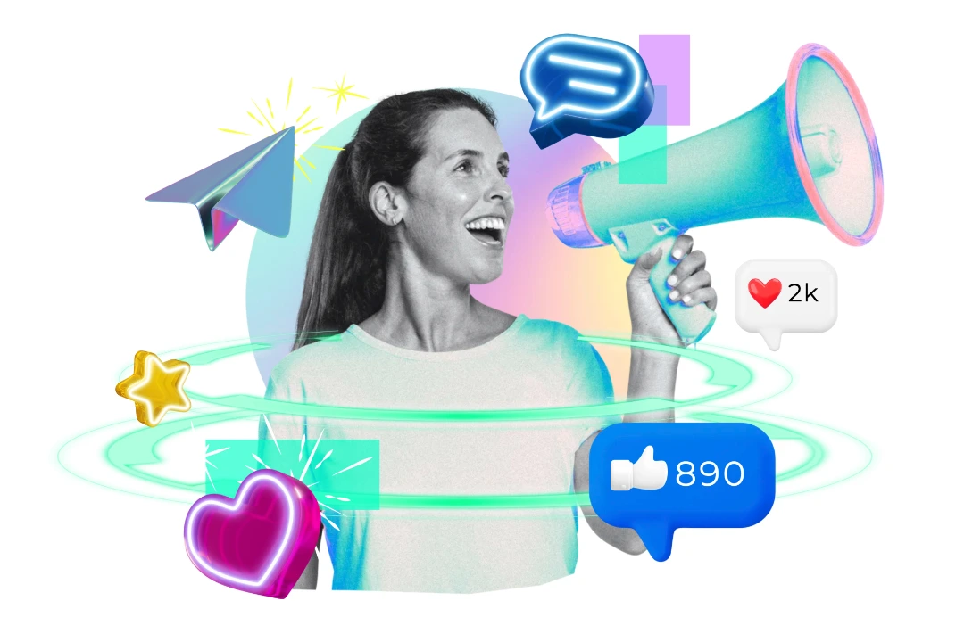 Una mujer que sostiene un megáfono está rodeada de íconos digitales que simbolizan la participación en las redes sociales: la clave para conectar con tu audiencia.